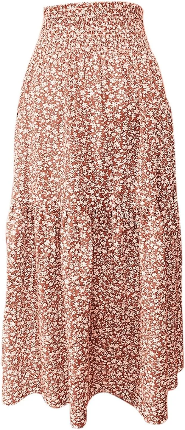 Elastic High Waist Flowy Maxi Skirts Women Boho Floral Tiered Pleated Summer Casual Long Beach Skirt