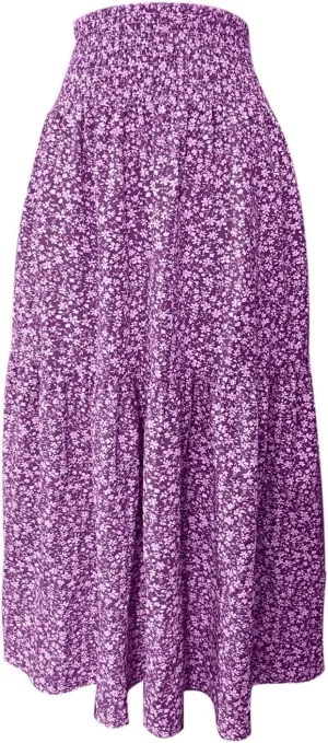 Elastic High Waist Flowy Maxi Skirts Women Boho Floral Tiered Pleated Summer Casual Long Beach Skirt