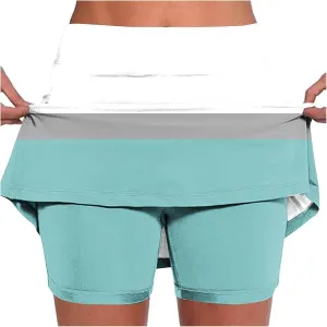Elastic Yoga Skorts for Women Tummy Control Plus Size Trendy Color Block High Waist Athletic Sports Pants Skirt Soft