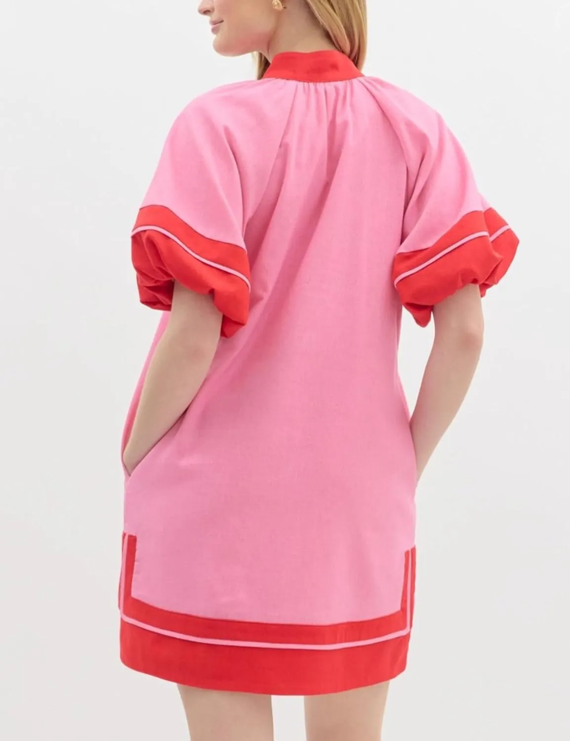Esmeling Womens Color Block Pullover Dress V Neck Puff Sleeve Shirt Dress Casual Mini Dress with Pockets