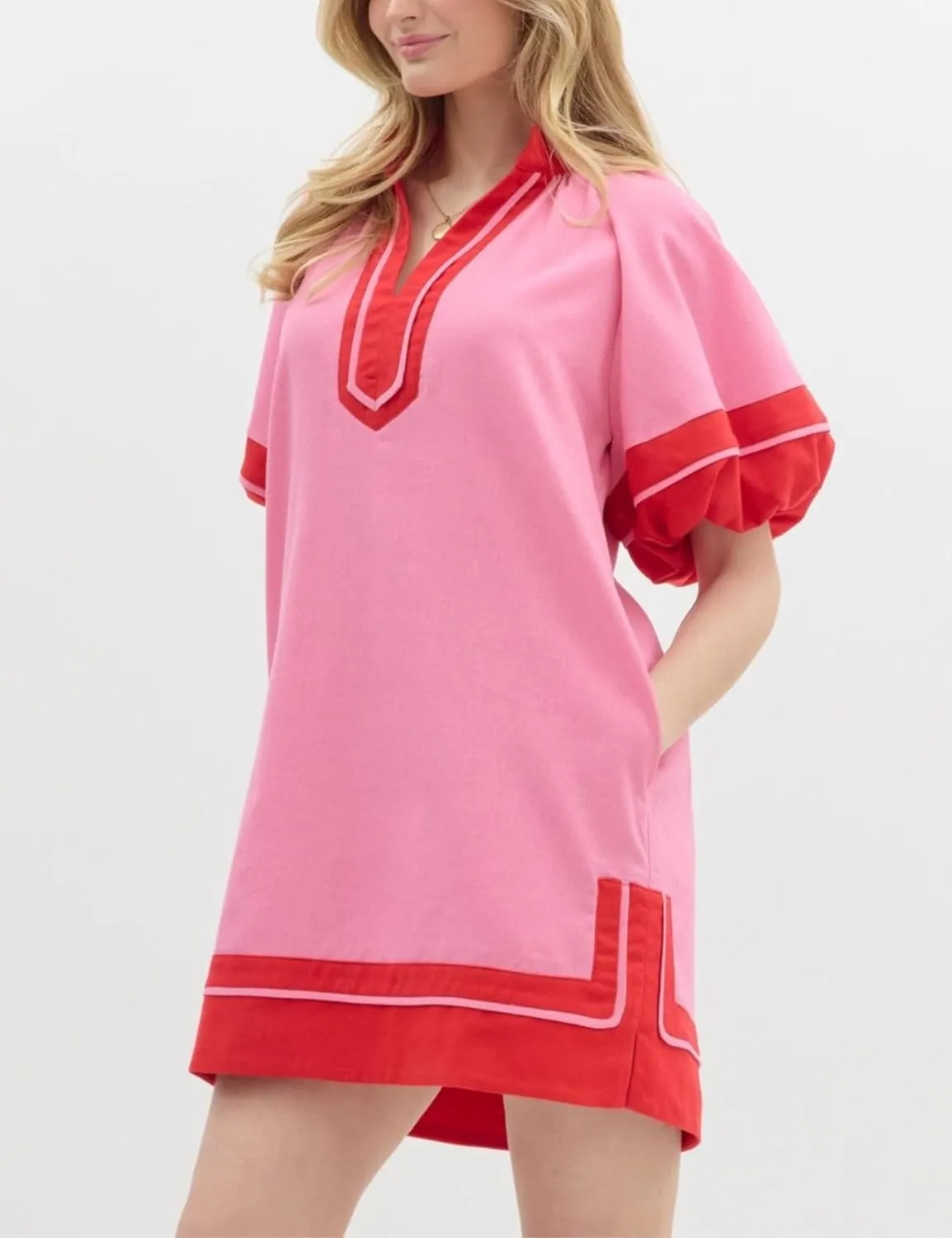 Esmeling Womens Color Block Pullover Dress V Neck Puff Sleeve Shirt Dress Casual Mini Dress with Pockets