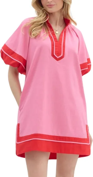 Esmeling Womens Color Block Pullover Dress V Neck Puff Sleeve Shirt Dress Casual Mini Dress with Pockets