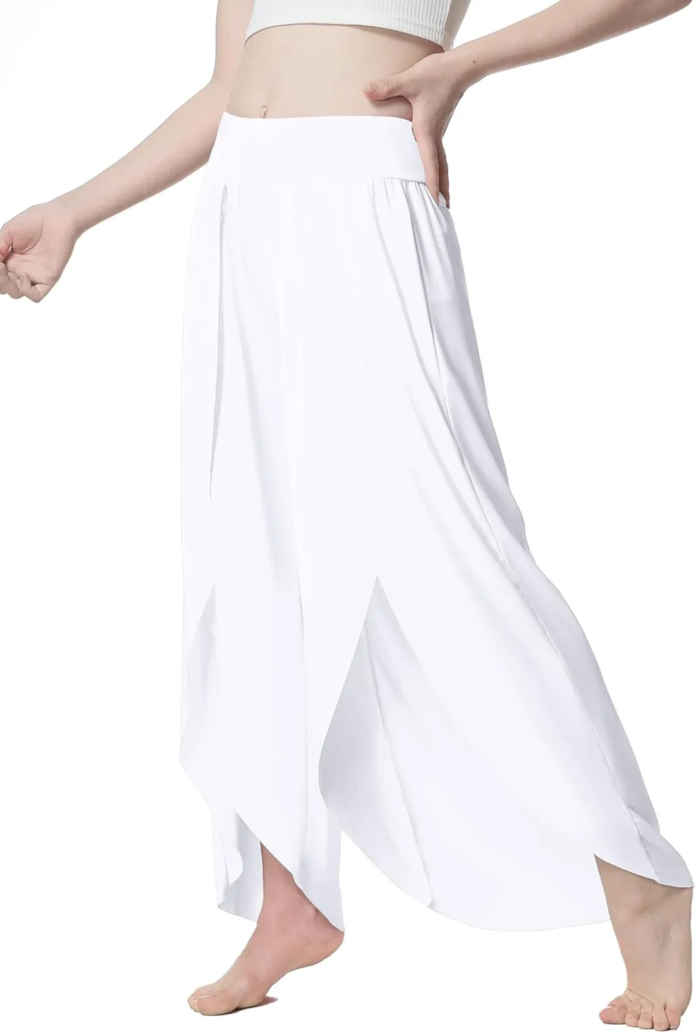 EXARUS Girls Flowy Pants Dance Palazzo Wide Leg Split High Waisted Trousers Casual for Kids 6-12Y