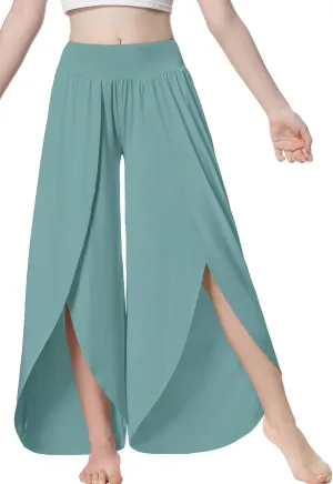 EXARUS Girls Flowy Pants Dance Palazzo Wide Leg Split High Waisted Trousers Casual for Kids 6-12Y