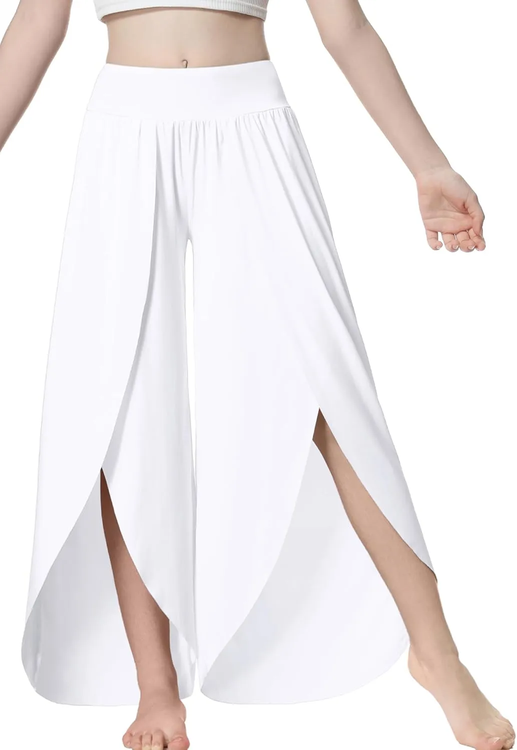 EXARUS Girls Flowy Pants Dance Palazzo Wide Leg Split High Waisted Trousers Casual for Kids 6-12Y