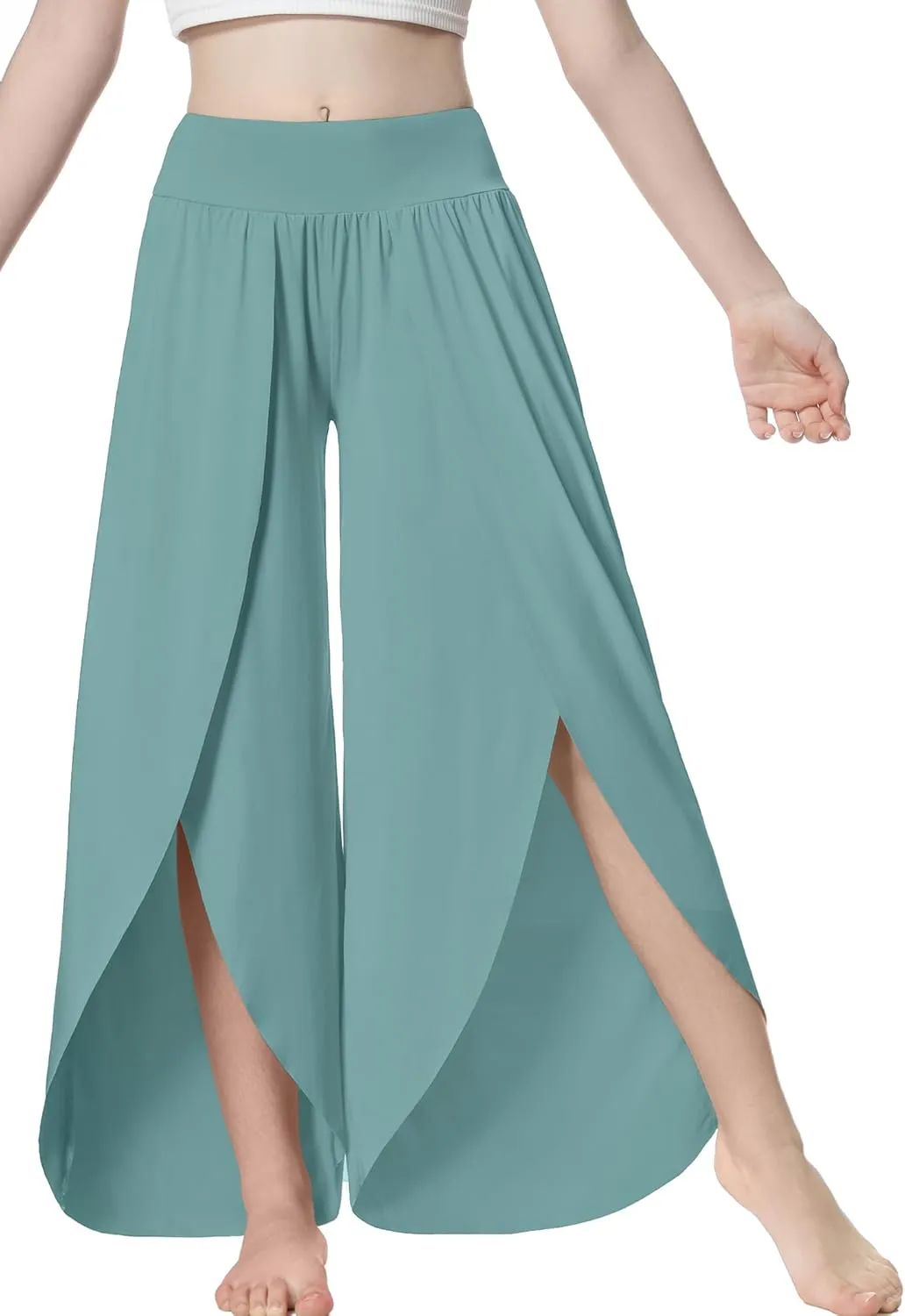 EXARUS Girls Flowy Pants Dance Palazzo Wide Leg Split High Waisted Trousers Casual for Kids 6-12Y