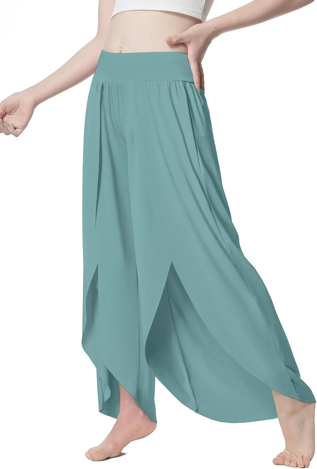 EXARUS Girls Flowy Pants Dance Palazzo Wide Leg Split High Waisted Trousers Casual for Kids 6-12Y