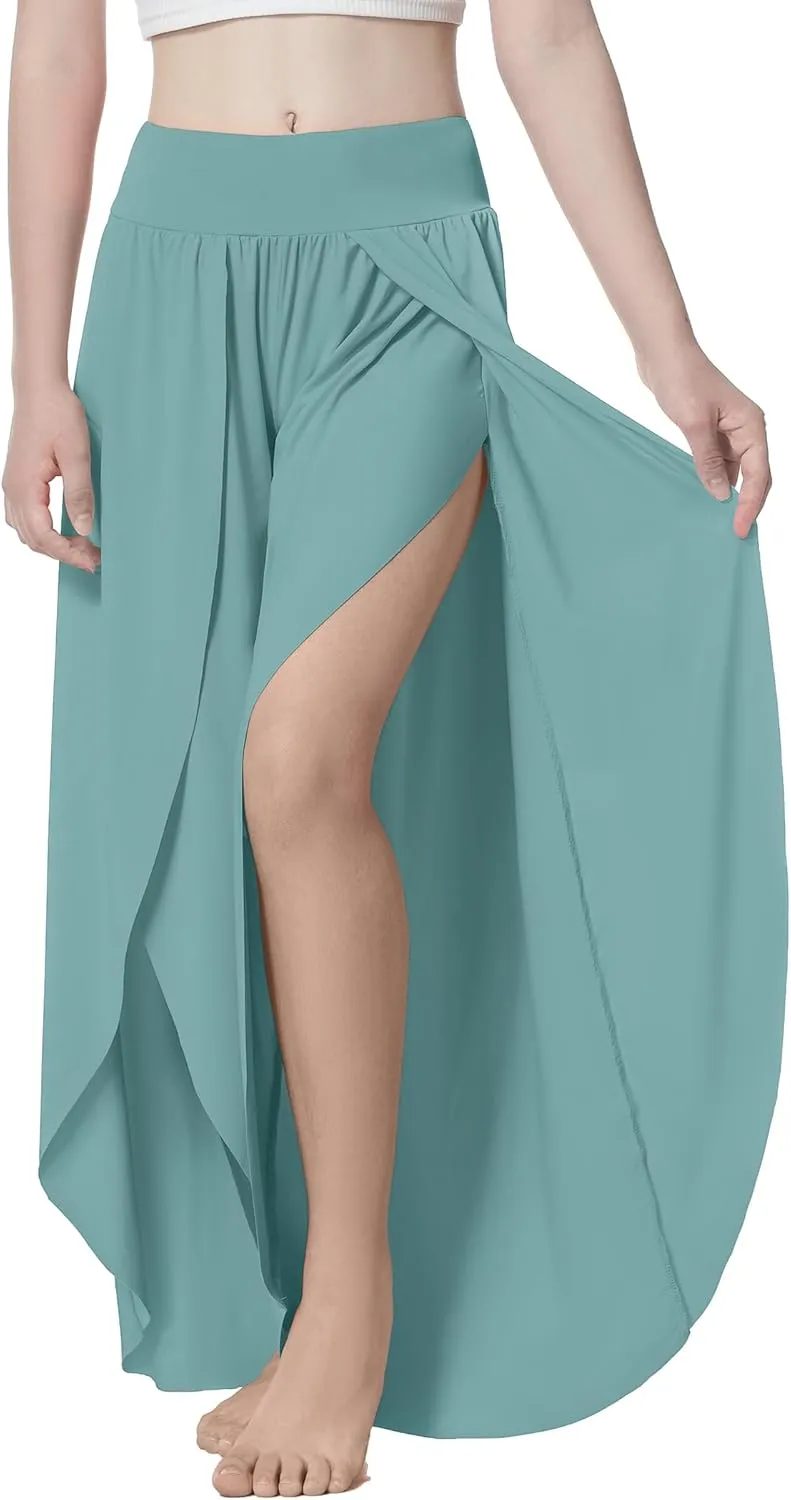 EXARUS Girls Flowy Pants Dance Palazzo Wide Leg Split High Waisted Trousers Casual for Kids 6-12Y
