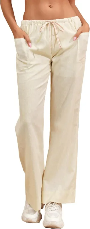 Famulily Womens Linen Pants Summer Wide Leg Casual Loose Drawstring Low Waist Palazzo Pants Lined Trousers with Patch Pockets