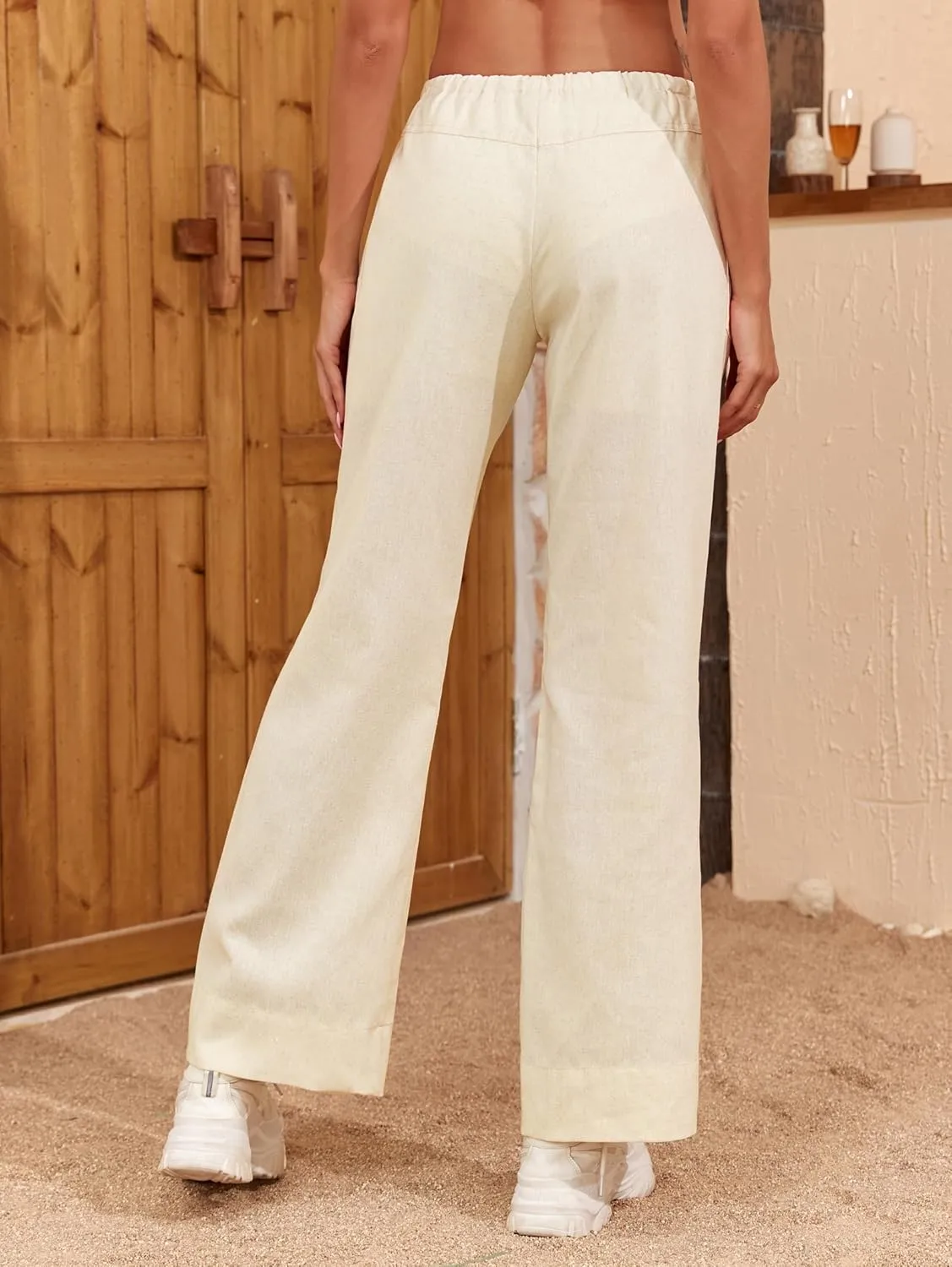 Famulily Womens Linen Pants Summer Wide Leg Casual Loose Drawstring Low Waist Palazzo Pants Lined Trousers with Patch Pockets