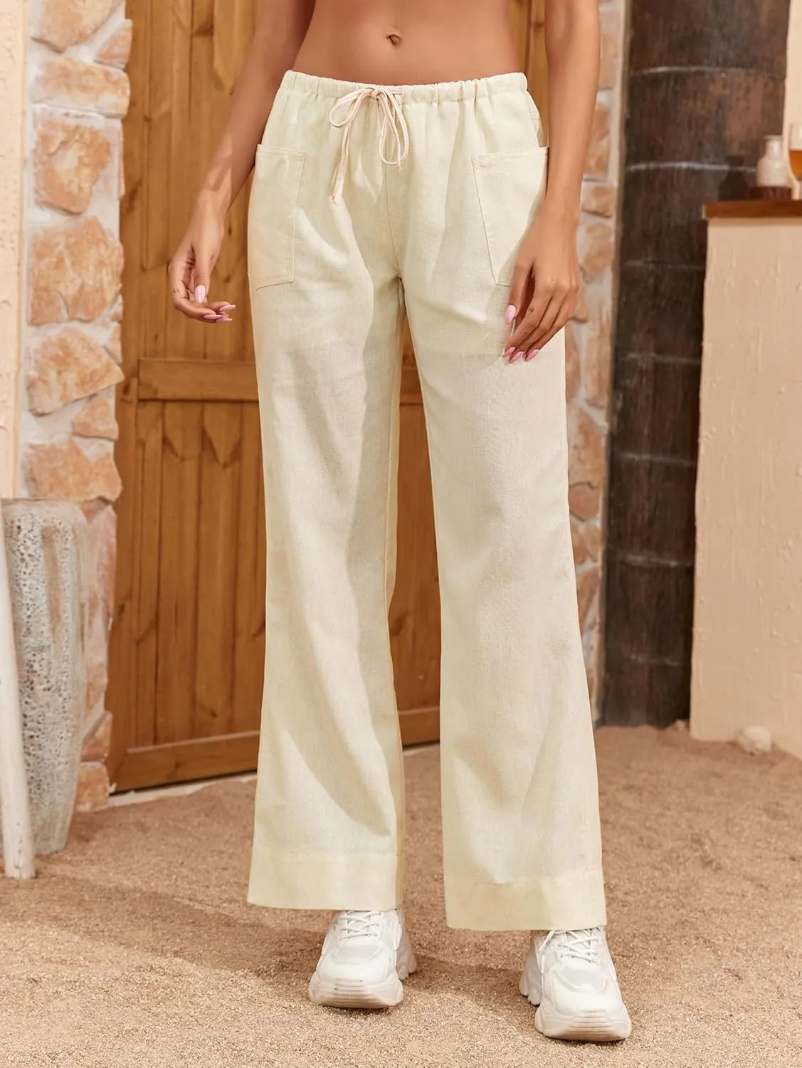 Famulily Womens Linen Pants Summer Wide Leg Casual Loose Drawstring Low Waist Palazzo Pants Lined Trousers with Patch Pockets