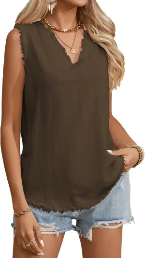 Famulily Womens Sleeveless Ruffled V Neck Tops Summer Linen Tank Tops Solid Color Raw Edge Hem Camisoles