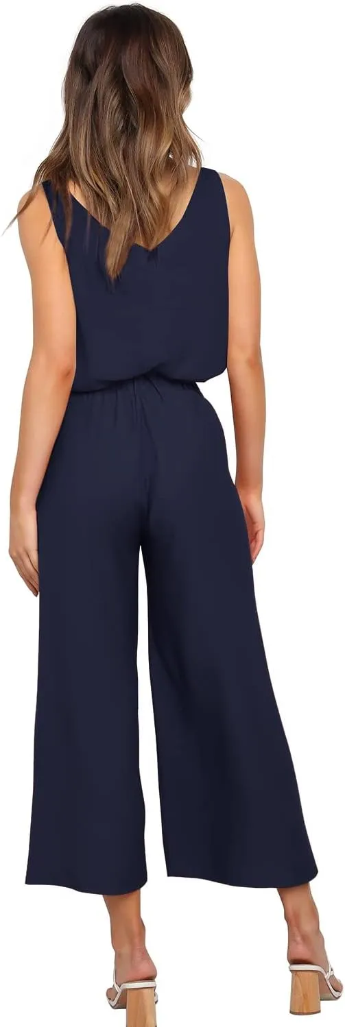 FANCYINN Womens 2 Piece Set V Neck Tank Wide Strap Tops High Waisted Cropped Paper Bag Pants with Belt