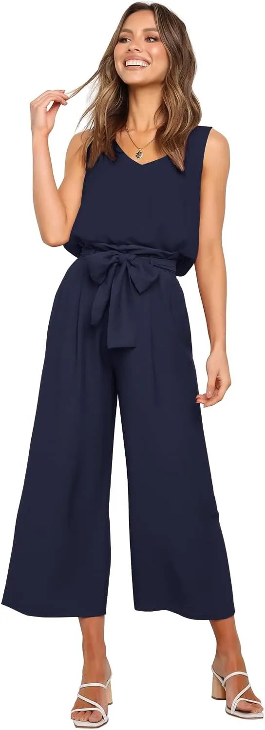 FANCYINN Womens 2 Piece Set V Neck Tank Wide Strap Tops High Waisted Cropped Paper Bag Pants with Belt