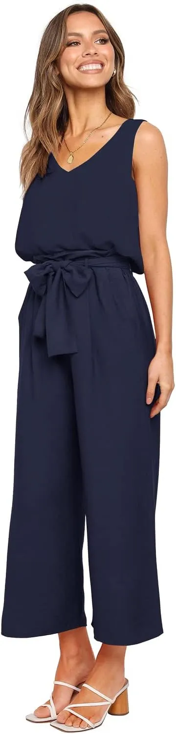 FANCYINN Womens 2 Piece Set V Neck Tank Wide Strap Tops High Waisted Cropped Paper Bag Pants with Belt