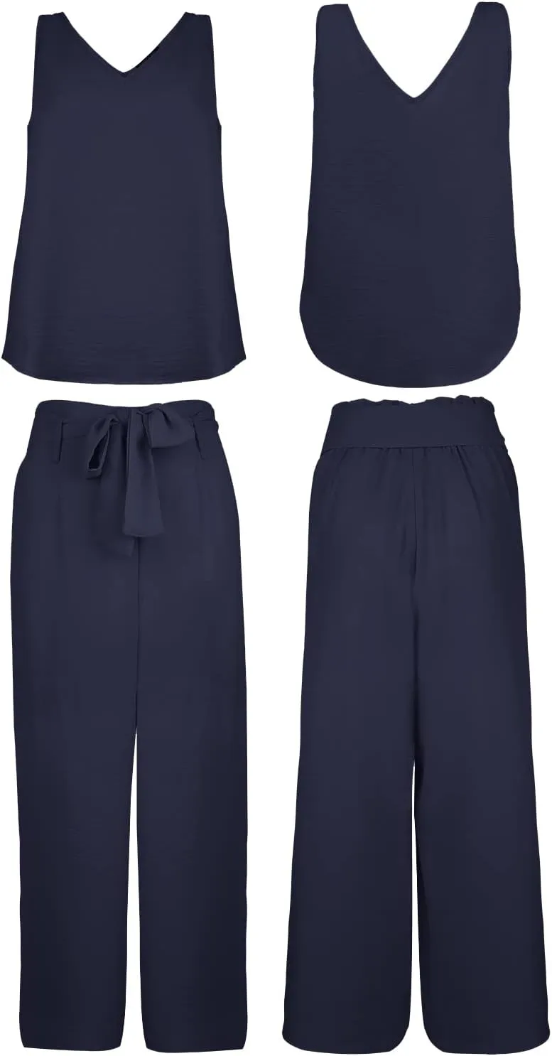 FANCYINN Womens 2 Piece Set V Neck Tank Wide Strap Tops High Waisted Cropped Paper Bag Pants with Belt