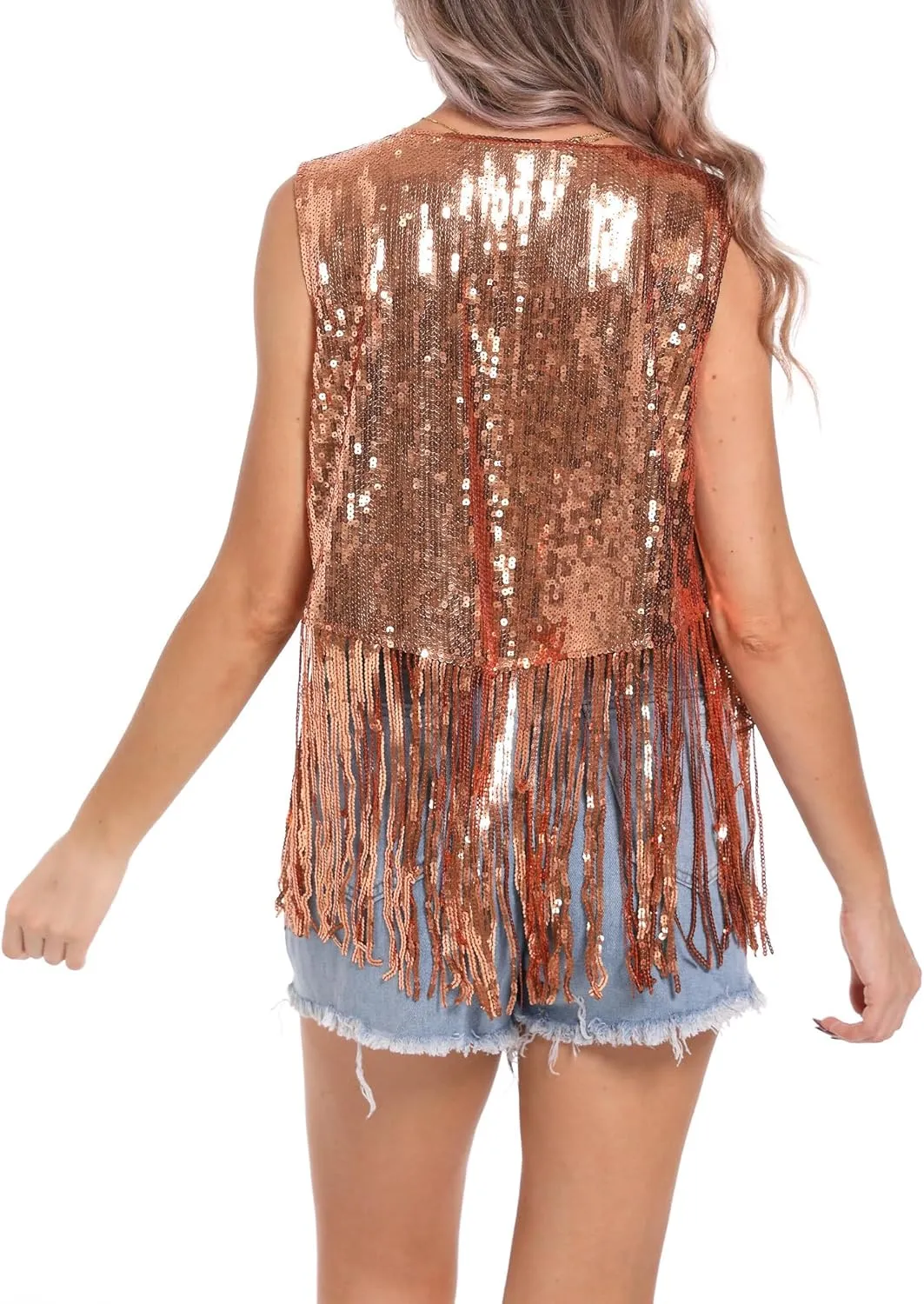 FEOYA Sequin Fringe Vest Jackets for Women Sparkly Shiny Glitter Tops Cowgirl Disco Shirt Tassel Cardigan Western Outfit