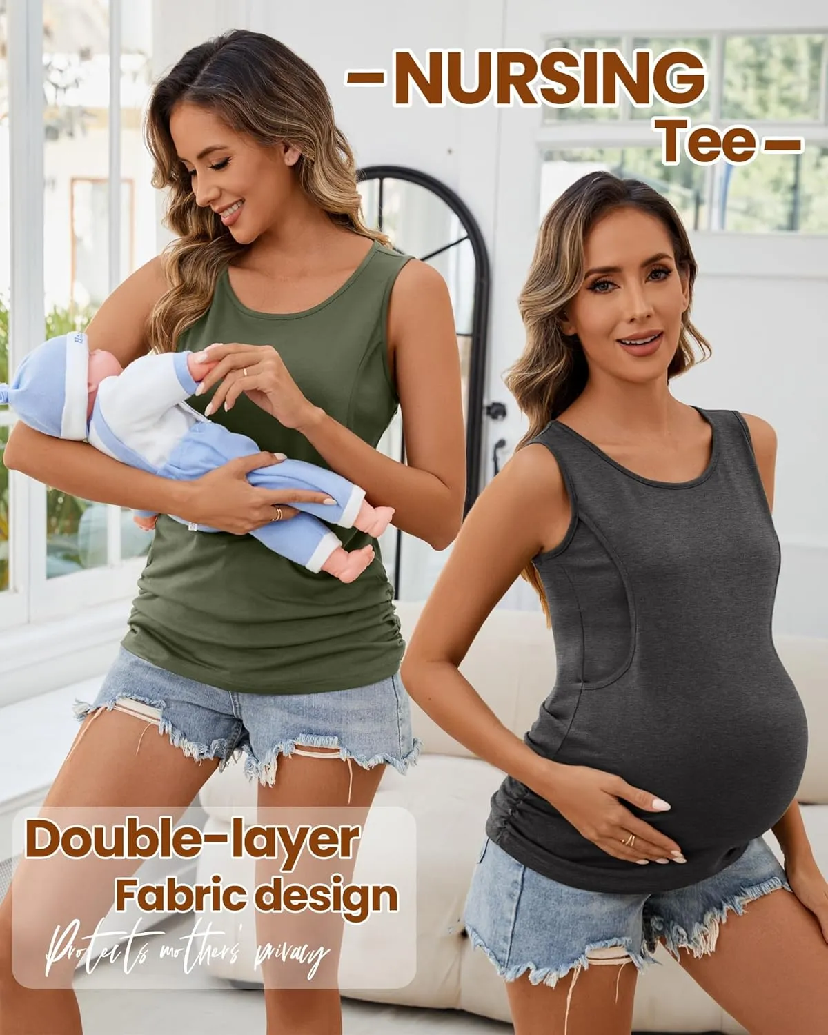 Ficerd 4 Pack Women's Cotton Nursing Tank Tops Sleeveless Breastfeeding Maternity Shirts Double Layer Pregnancy Clothes