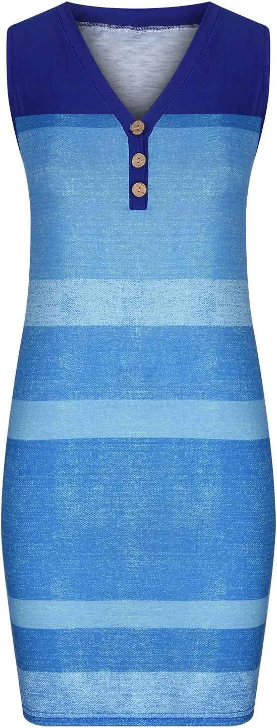 Firzero Women V Neck Beach Dress Botton Down Sleeveless Striped Mini Dresses Plus Size Summer Casual Crewneck Tank Dresses