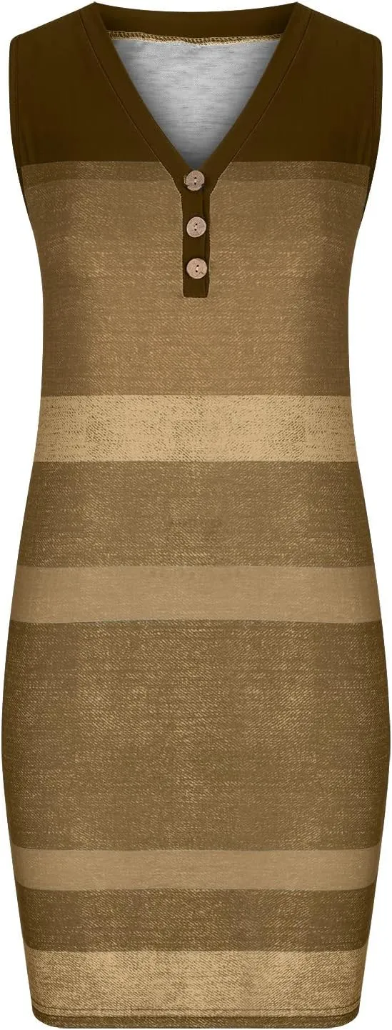 Firzero Women V Neck Beach Dress Botton Down Sleeveless Striped Mini Dresses Plus Size Summer Casual Crewneck Tank Dresses