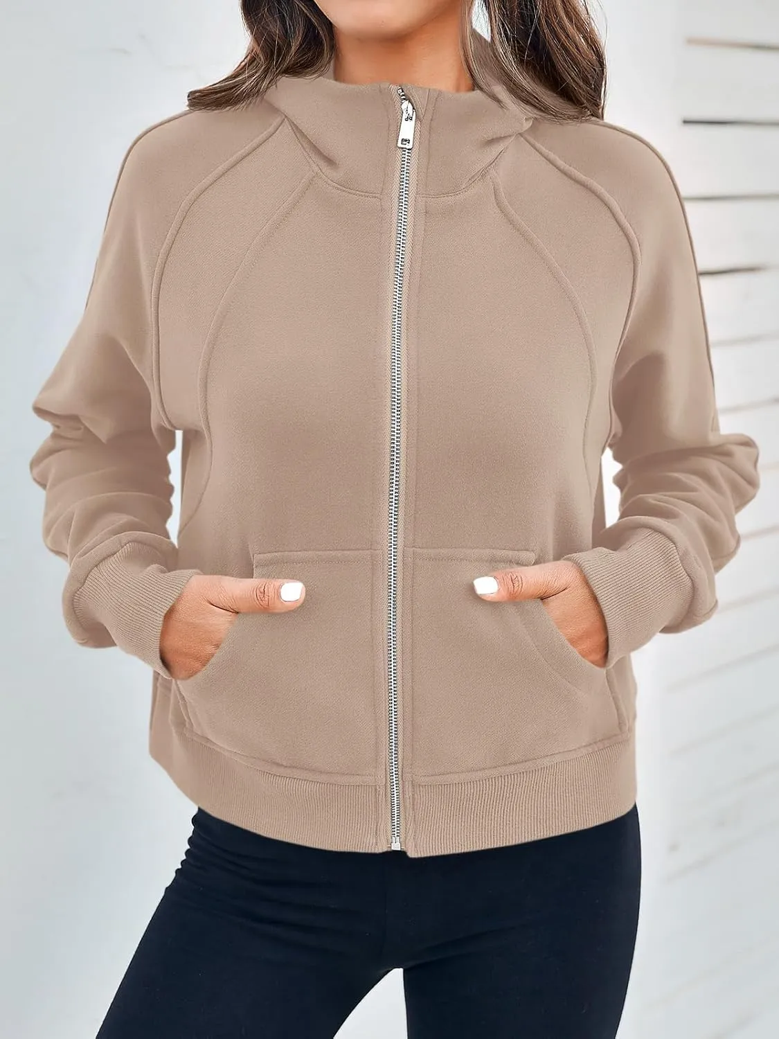 Fisoew Womens Zip Up Sweatshirts Fleece Lined Collar Crop Hoodie Casual Cotton Long Sleeve Tops with Thumb Hole