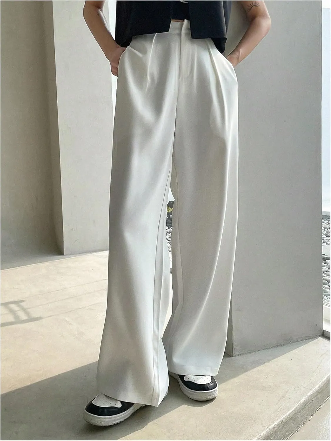 Floerns Women's High Waisted Wide Leg Suit Pants Business Work Pleated Trousers