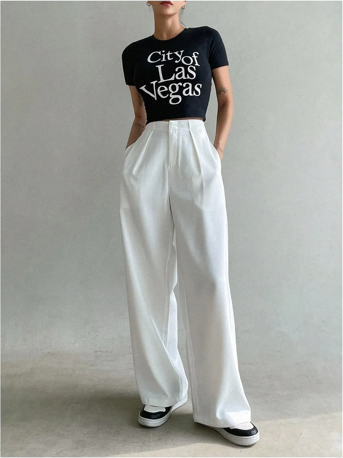 Floerns Women's High Waisted Wide Leg Suit Pants Business Work Pleated Trousers
