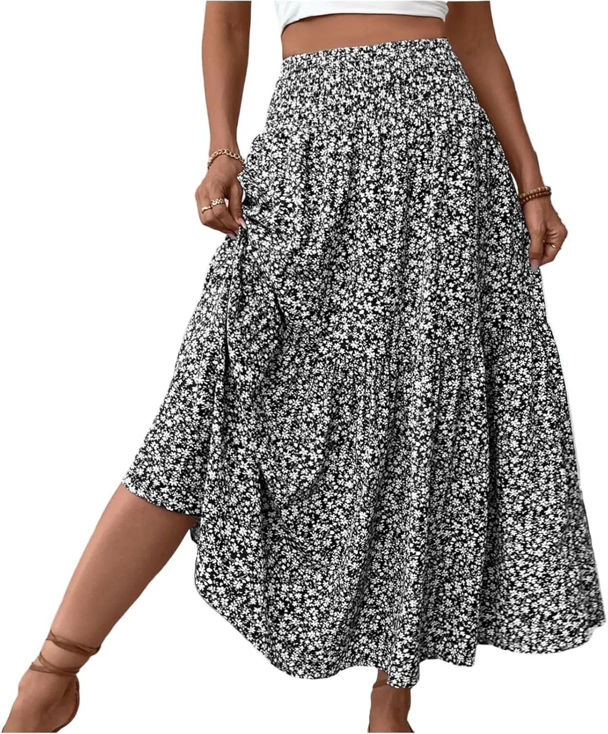 Floral Maxi Skirt for Women High Elastic Waisted Ruffle Skirts A-Line Flowy Swing Boho Long Skirts Summer Beach Vacation