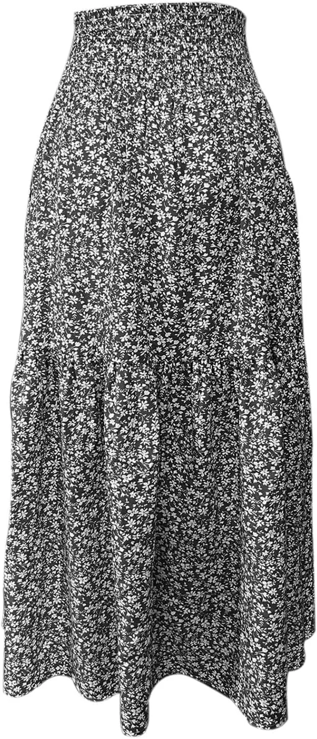Floral Maxi Skirt for Women High Elastic Waisted Ruffle Skirts A-Line Flowy Swing Boho Long Skirts Summer Beach Vacation