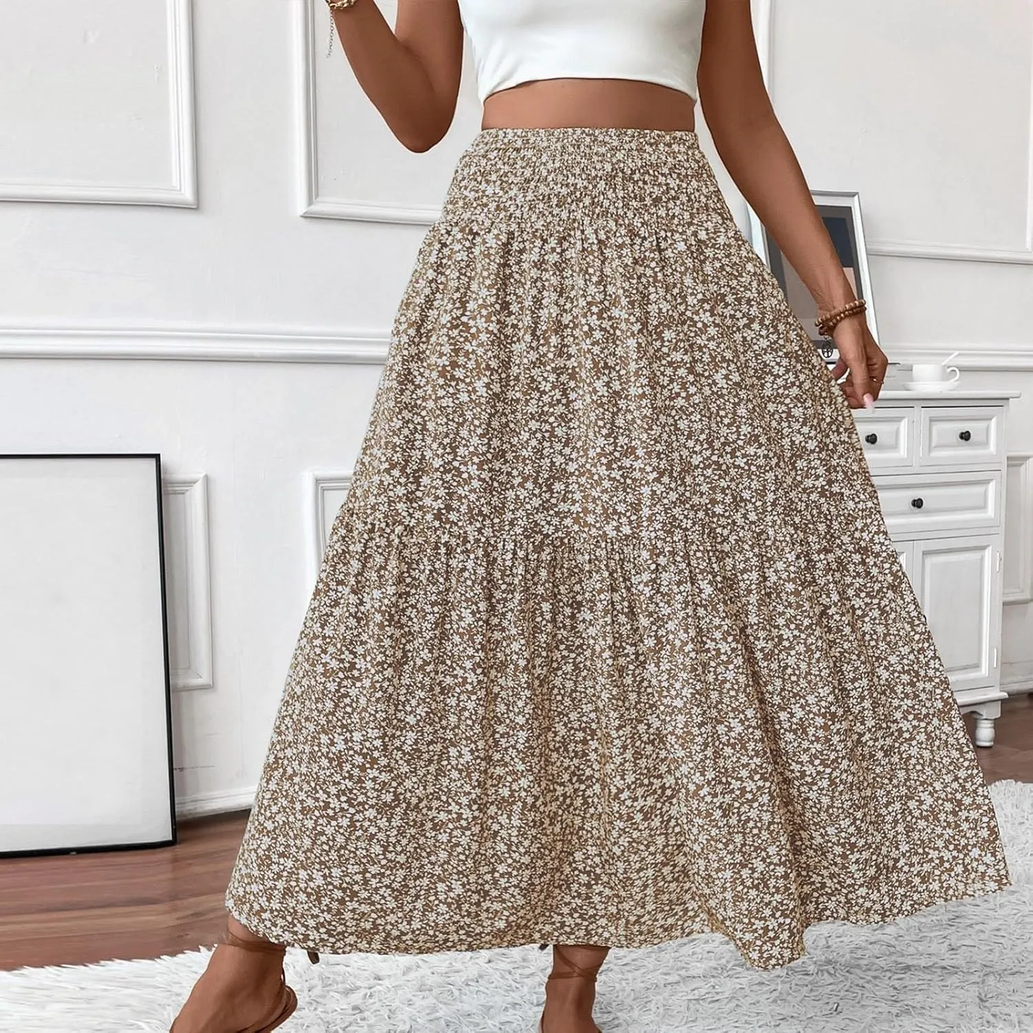 Floral Maxi Skirt for Women High Elastic Waisted Ruffle Skirts A-Line Flowy Swing Boho Long Skirts Summer Beach Vacation
