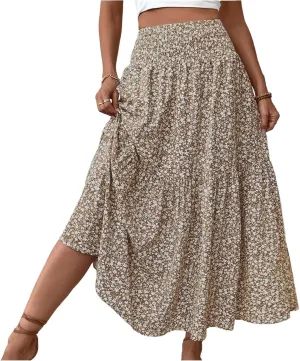 Floral Maxi Skirt for Women High Elastic Waisted Ruffle Skirts A-Line Flowy Swing Boho Long Skirts Summer Beach Vacation