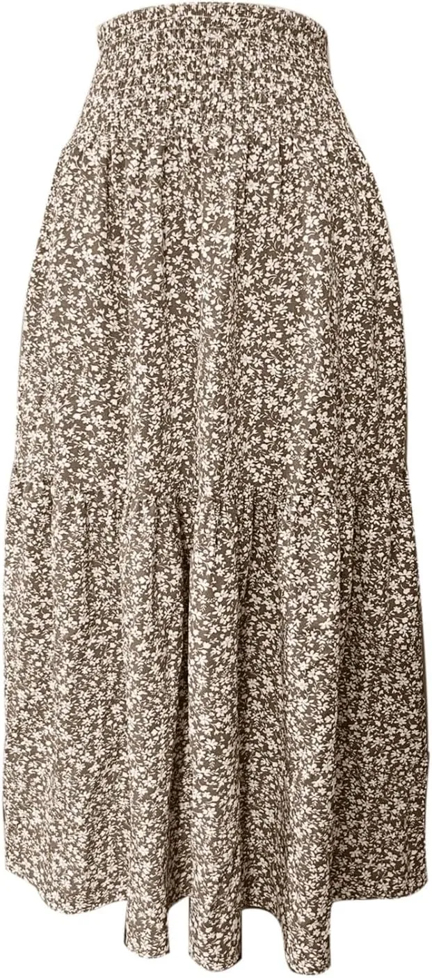 Floral Maxi Skirt for Women High Elastic Waisted Ruffle Skirts A-Line Flowy Swing Boho Long Skirts Summer Beach Vacation