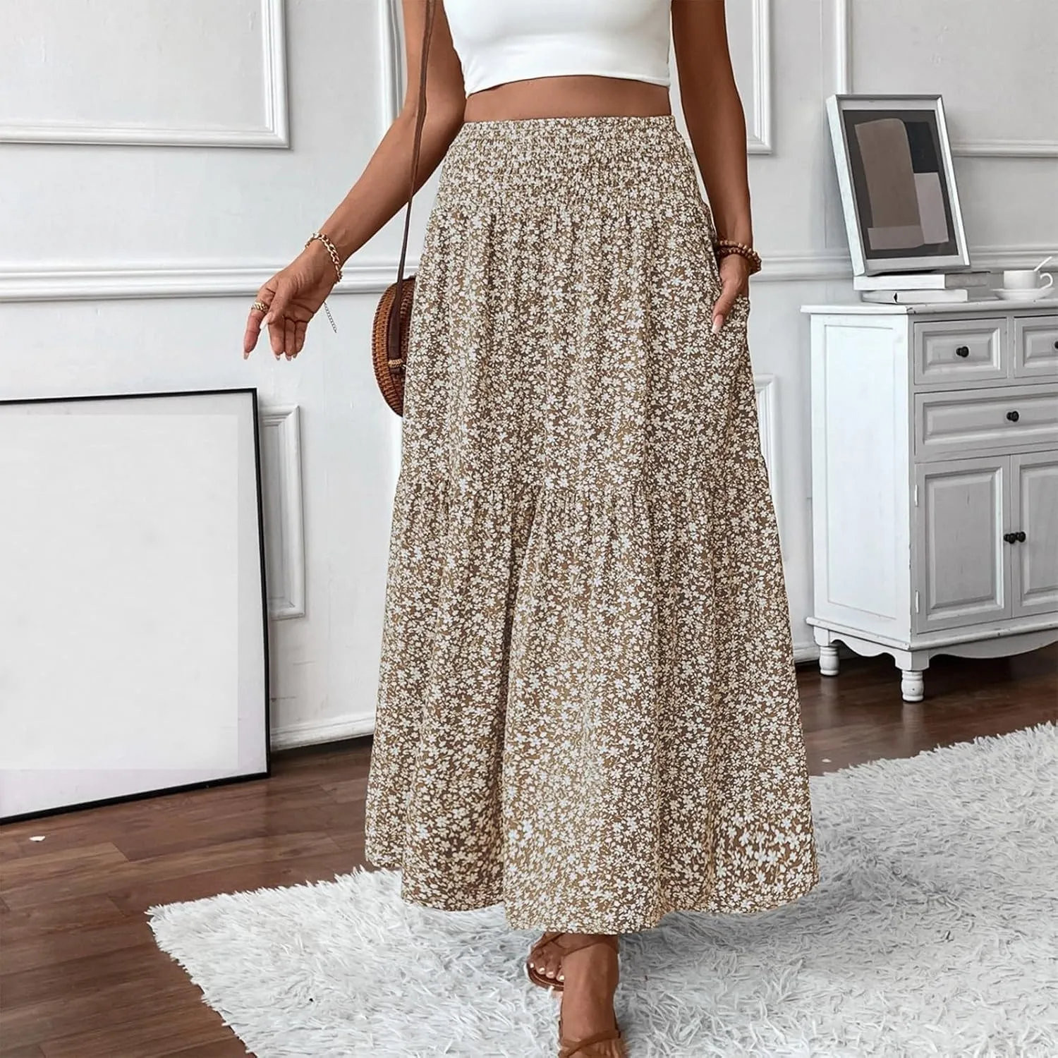 Floral Maxi Skirt for Women High Elastic Waisted Ruffle Skirts A-Line Flowy Swing Boho Long Skirts Summer Beach Vacation