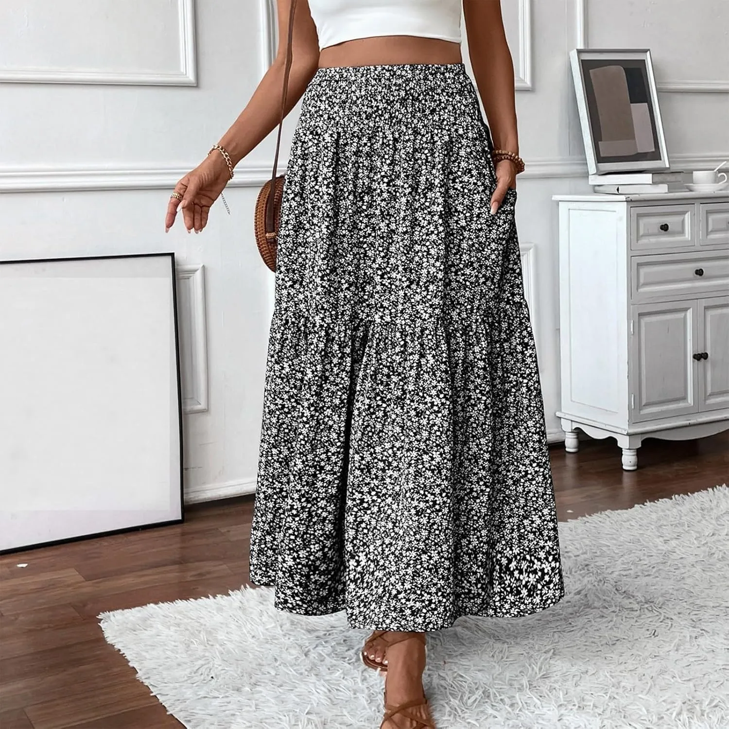 Floral Maxi Skirt for Women High Elastic Waisted Ruffle Skirts A-Line Flowy Swing Boho Long Skirts Summer Beach Vacation