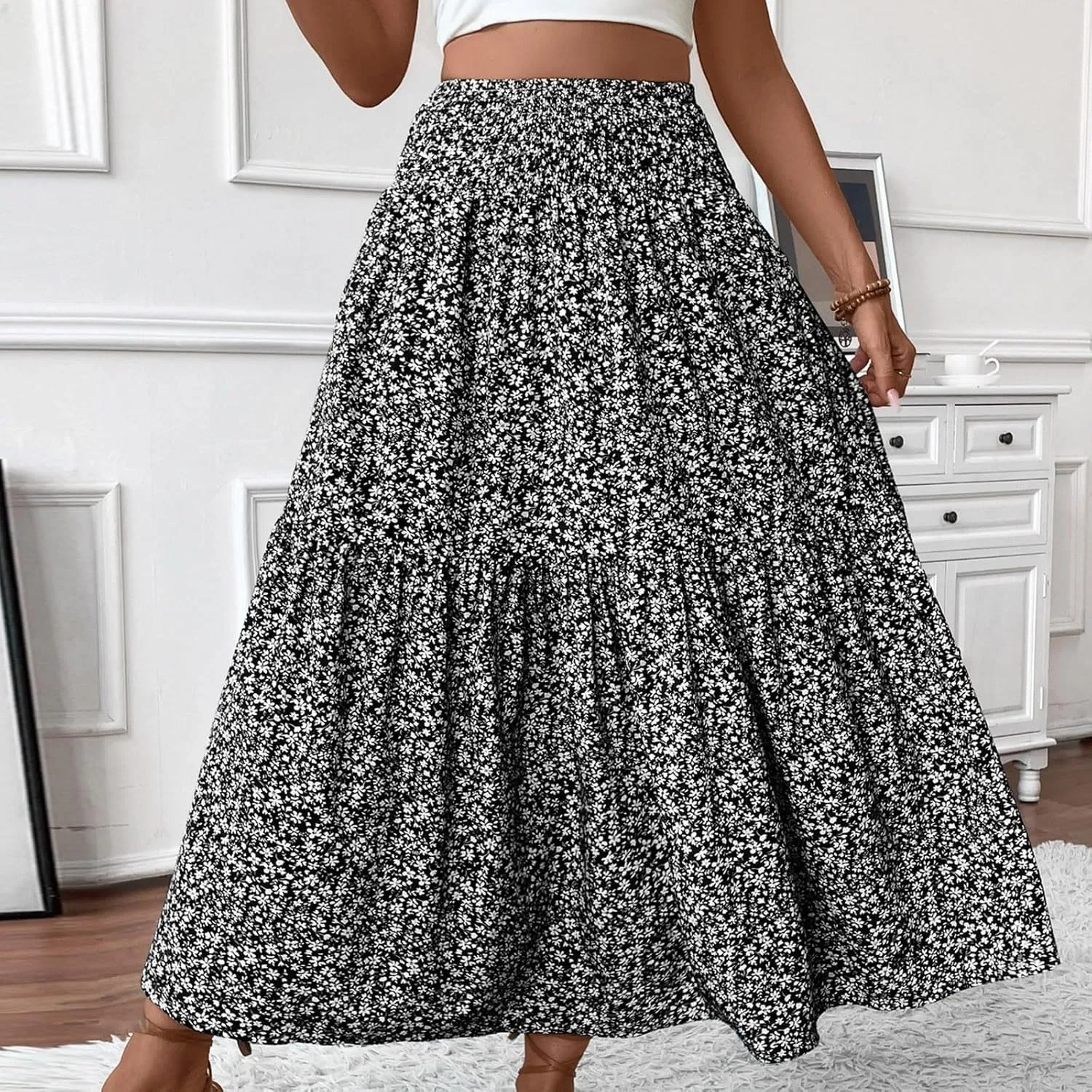Floral Maxi Skirt for Women High Elastic Waisted Ruffle Skirts A-Line Flowy Swing Boho Long Skirts Summer Beach Vacation