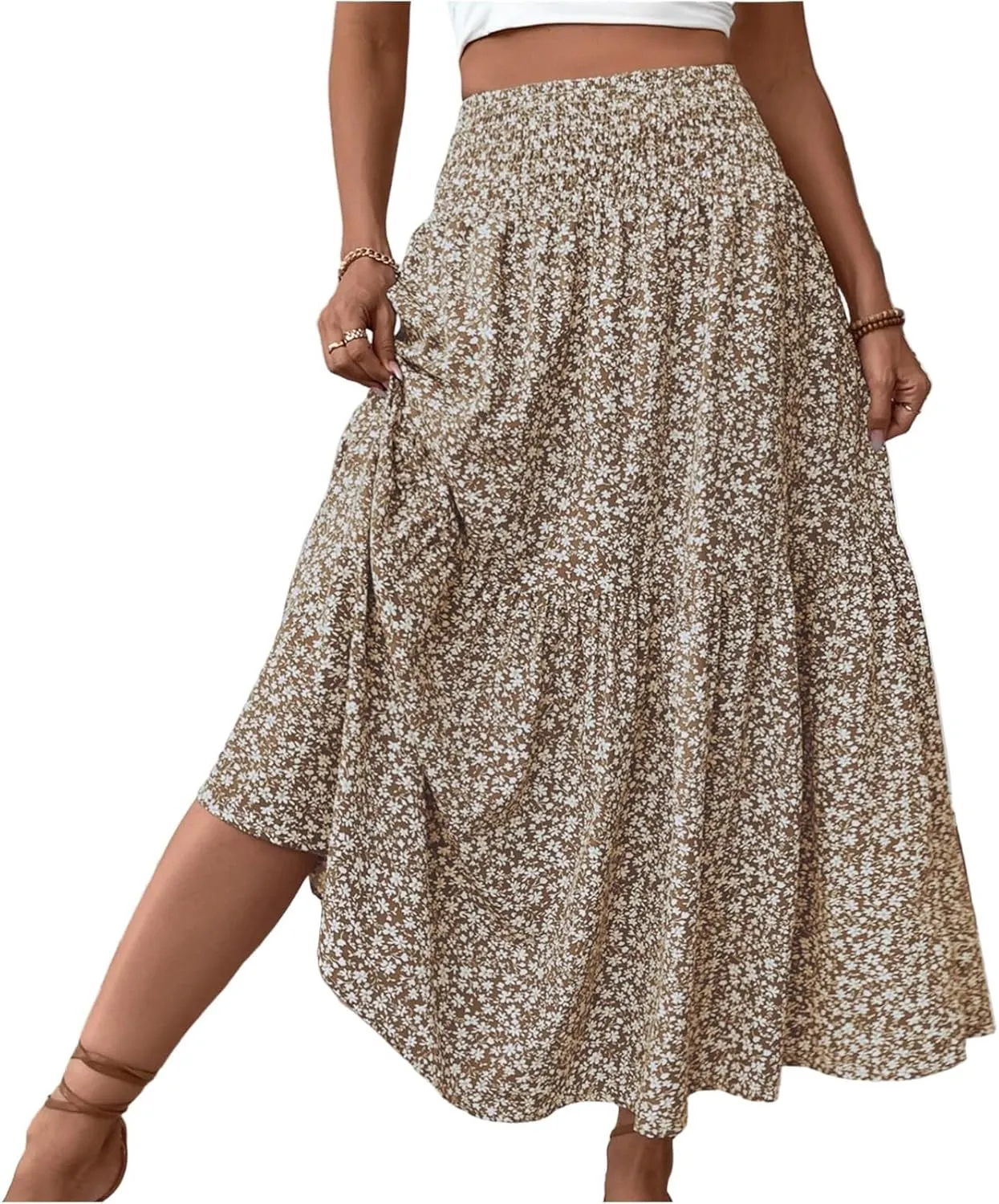 Floral Maxi Skirt for Women High Elastic Waisted Ruffle Skirts A-Line Flowy Swing Boho Long Skirts Summer Beach Vacation