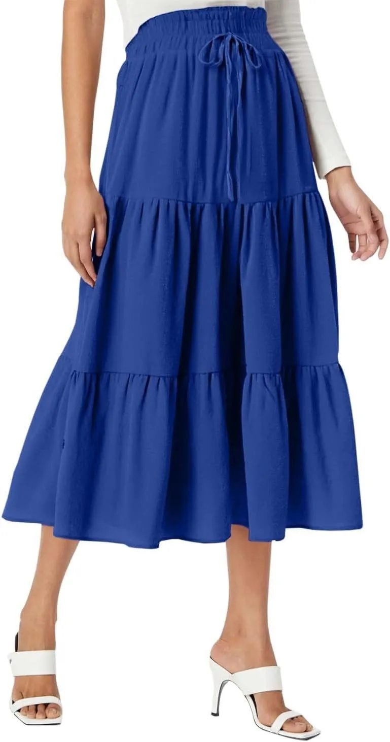 Floral Maxi Skirt for Women Tiered Boho High Waisted Pleated Midi Skirt Flowy A-Line Cute Spring Summer Long Skirts
