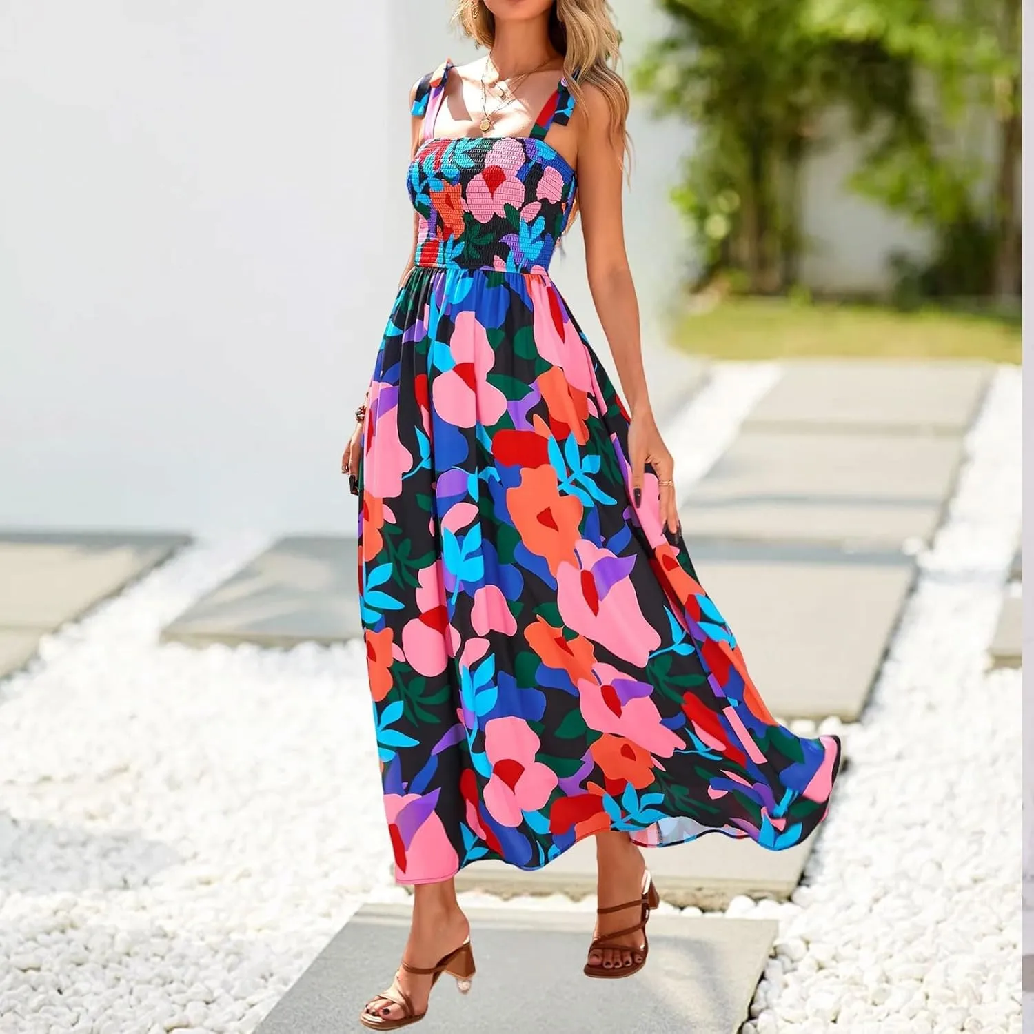 Floral Summer Dresses for Women 2025 Sleeveless Paghetti Strap Smocked Maxi Dress Flowy Beach Sundresses with Pockets