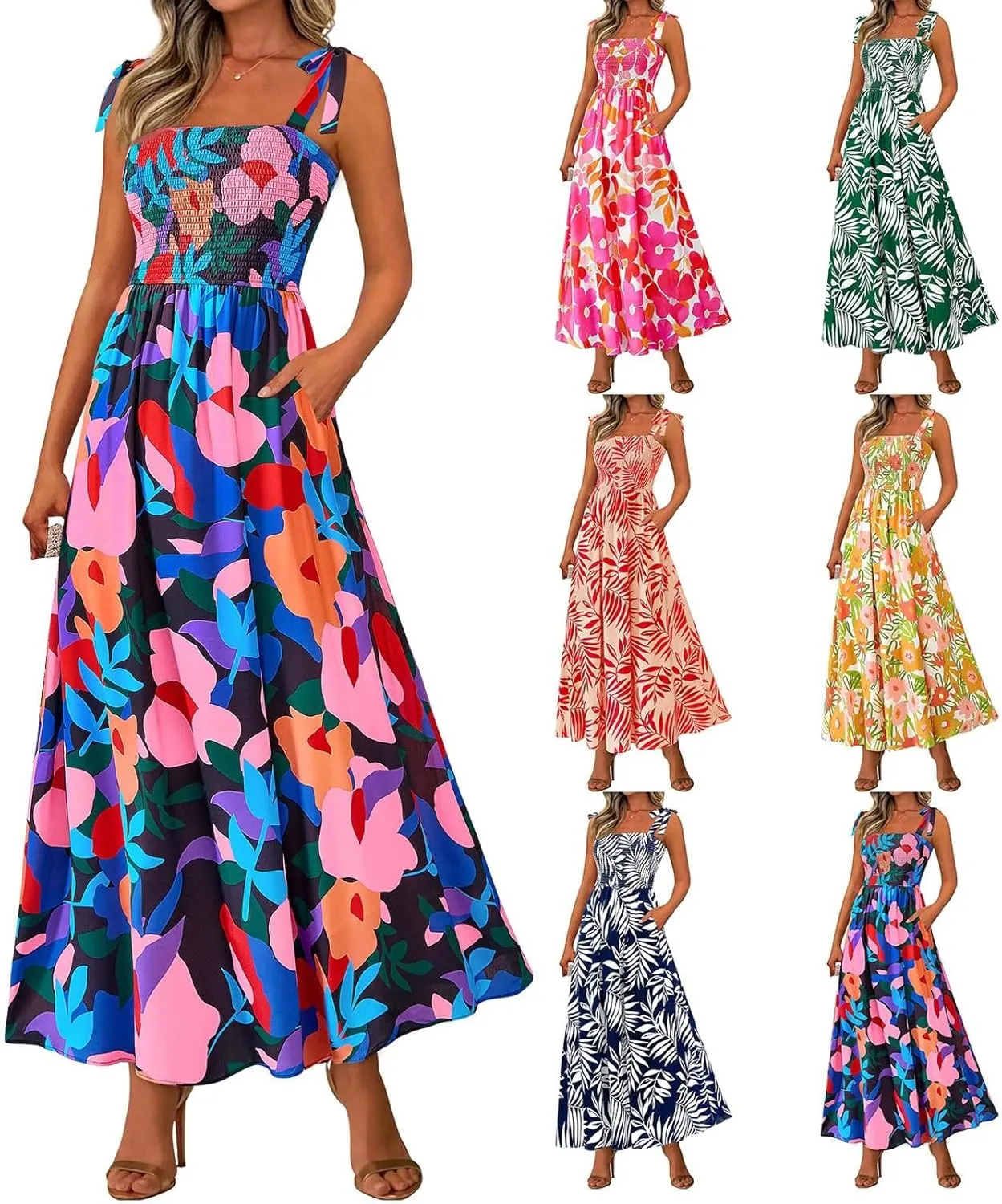 Floral Summer Dresses for Women 2025 Sleeveless Paghetti Strap Smocked Maxi Dress Flowy Beach Sundresses with Pockets