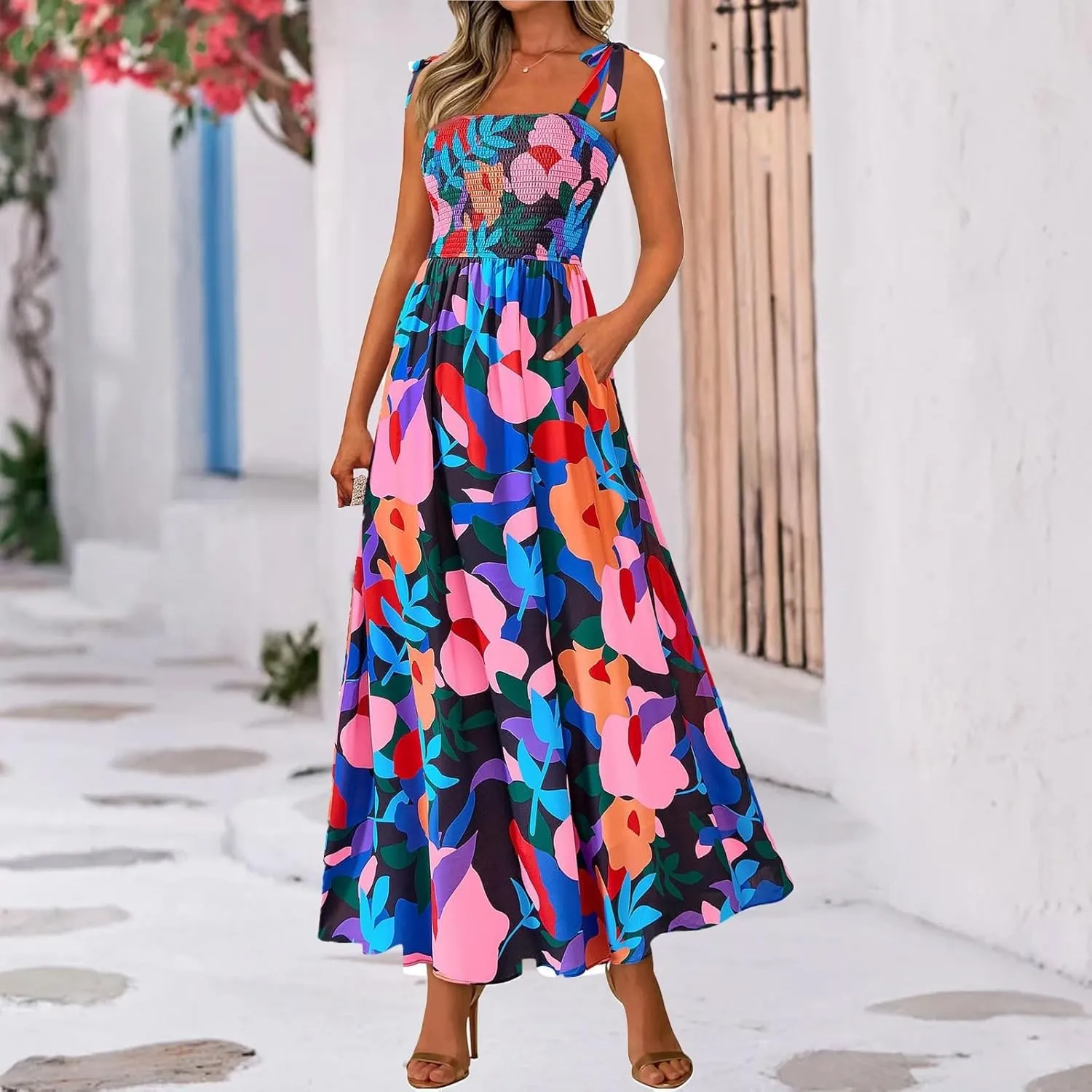 Floral Summer Dresses for Women 2025 Sleeveless Paghetti Strap Smocked Maxi Dress Flowy Beach Sundresses with Pockets