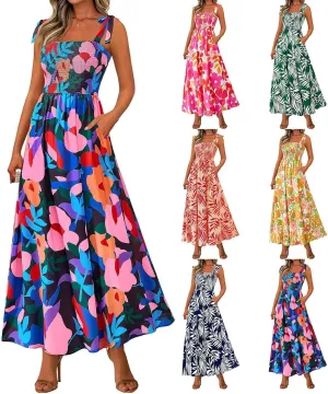 Floral Summer Dresses for Women 2025 Sleeveless Paghetti Strap Smocked Maxi Dress Flowy Beach Sundresses with Pockets