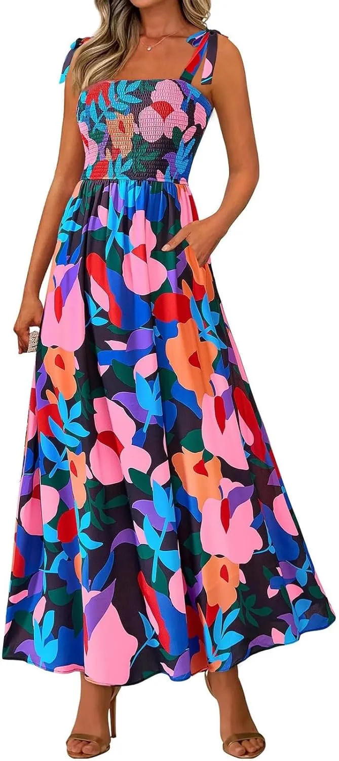 Floral Summer Dresses for Women 2025 Sleeveless Paghetti Strap Smocked Maxi Dress Flowy Beach Sundresses with Pockets