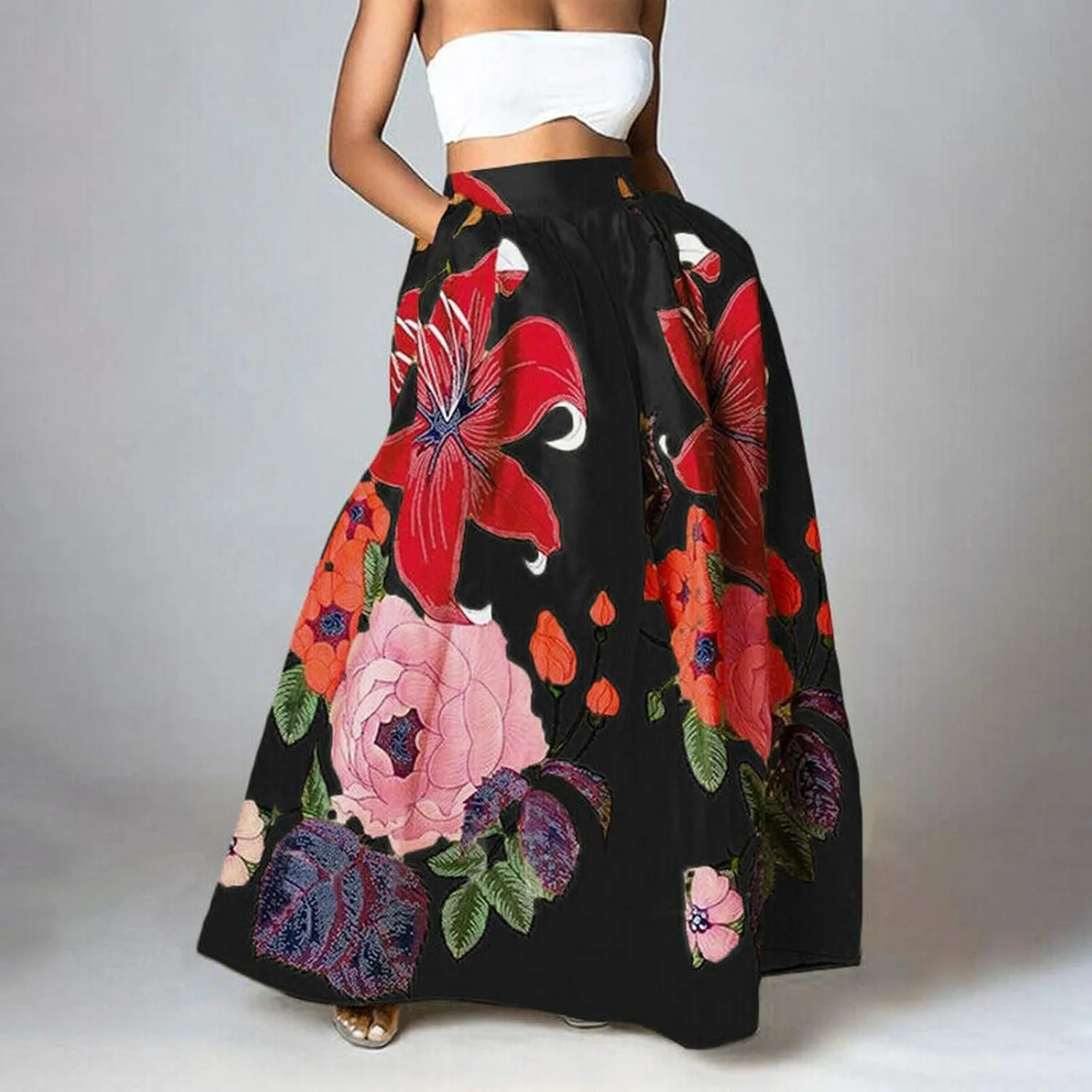 Flowy Boho Floral Printed Maxi Skirt for Women High Waisted A Line Long Skirts with Pockets Plus Size Swing Beach Dress