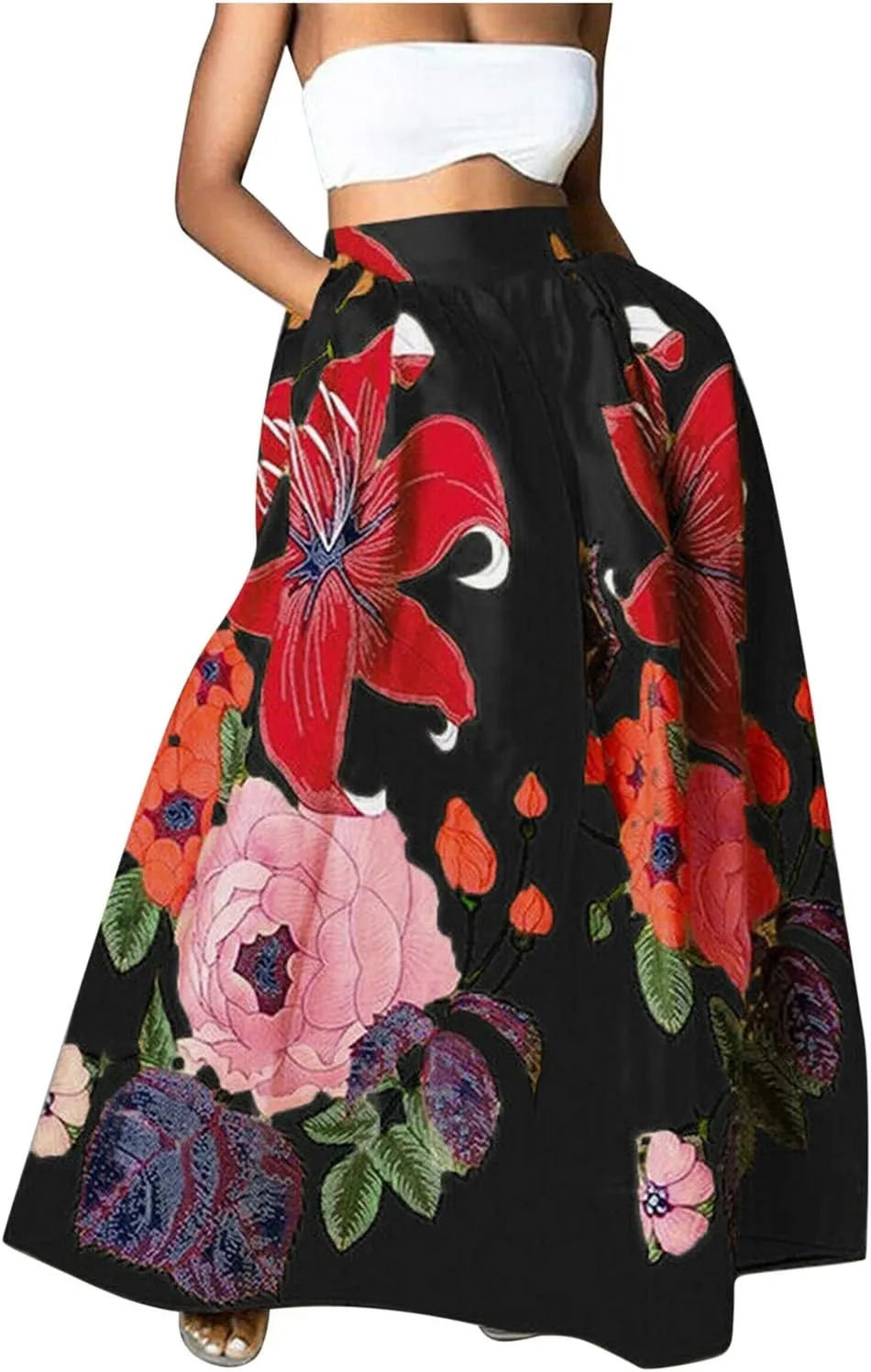 Flowy Boho Floral Printed Maxi Skirt for Women High Waisted A Line Long Skirts with Pockets Plus Size Swing Beach Dress