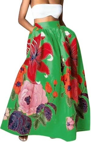 Flowy Boho Floral Printed Maxi Skirt for Women High Waisted A Line Long Skirts with Pockets Plus Size Swing Beach Dress