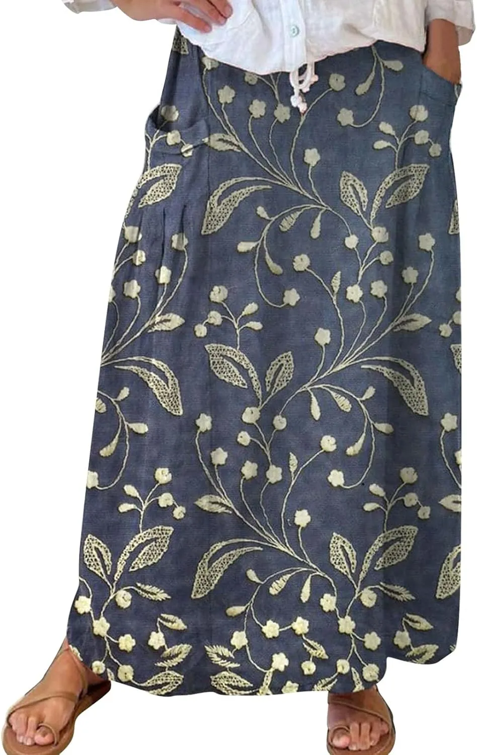 Flowy Long Maxi Skirts for Women Boho Floral Elastic High Waisted Tiered Pleated Summer Casual Beach Skirt