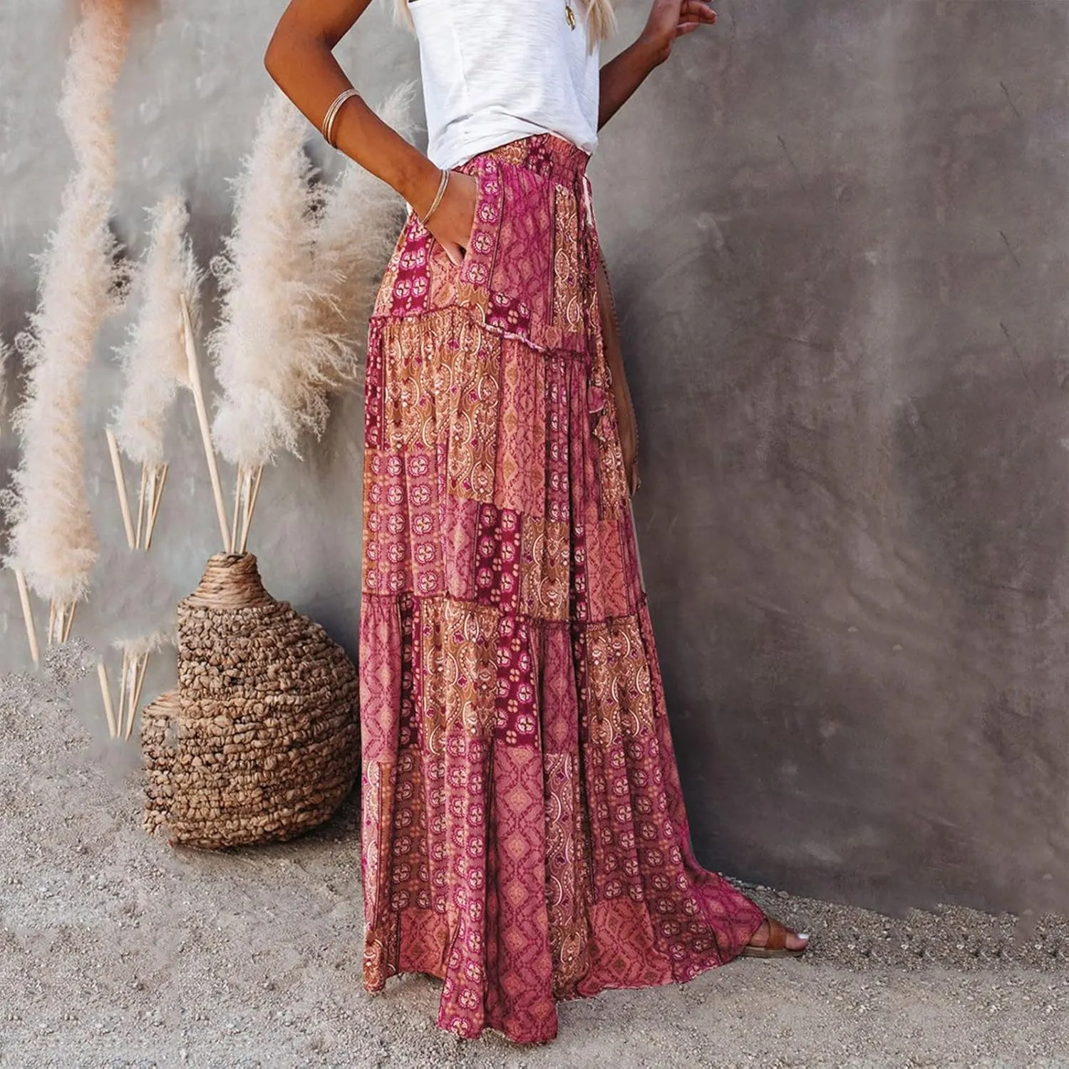 Flowy Long Maxi Skirts for Women Boho Floral Elastic High Waisted Tiered Pleated Summer Casual Beach Skirt