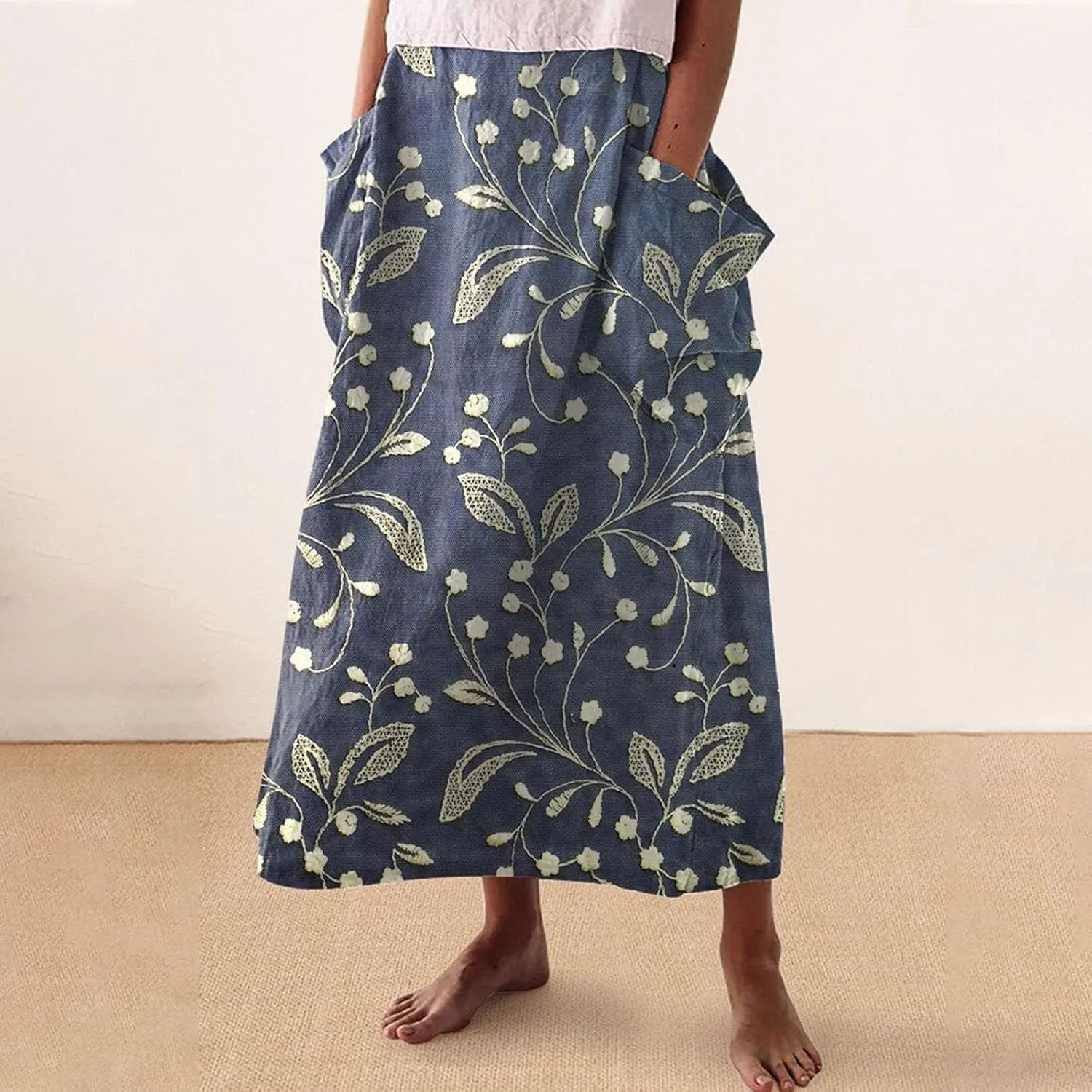 Flowy Long Maxi Skirts for Women Boho Floral Elastic High Waisted Tiered Pleated Summer Casual Beach Skirt