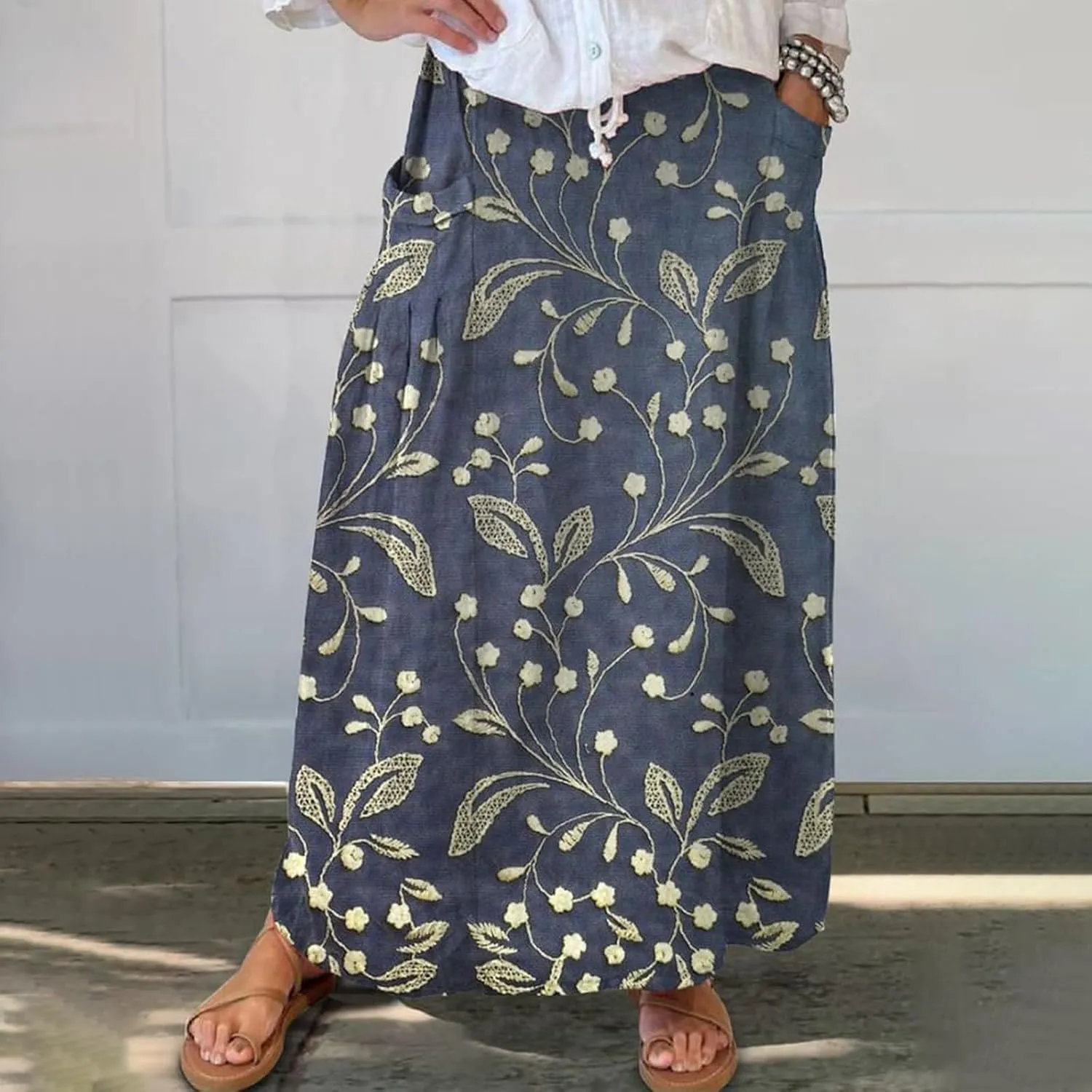 Flowy Long Maxi Skirts for Women Boho Floral Elastic High Waisted Tiered Pleated Summer Casual Beach Skirt