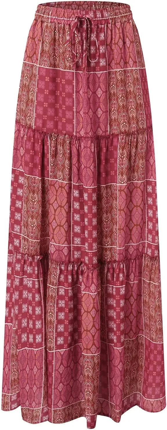 Flowy Long Maxi Skirts for Women Boho Floral Elastic High Waisted Tiered Pleated Summer Casual Beach Skirt